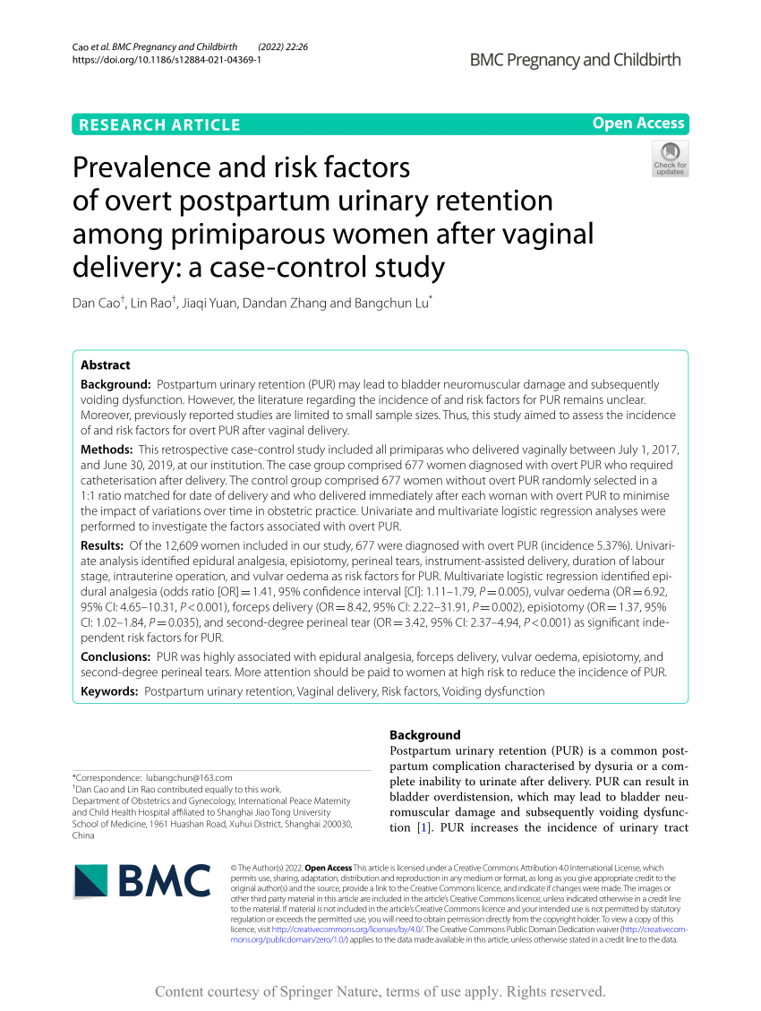 (PDF) Prevalence and risk factors of overt postpartum urinary retention  among primiparous women after vaginal delivery: a case-control study