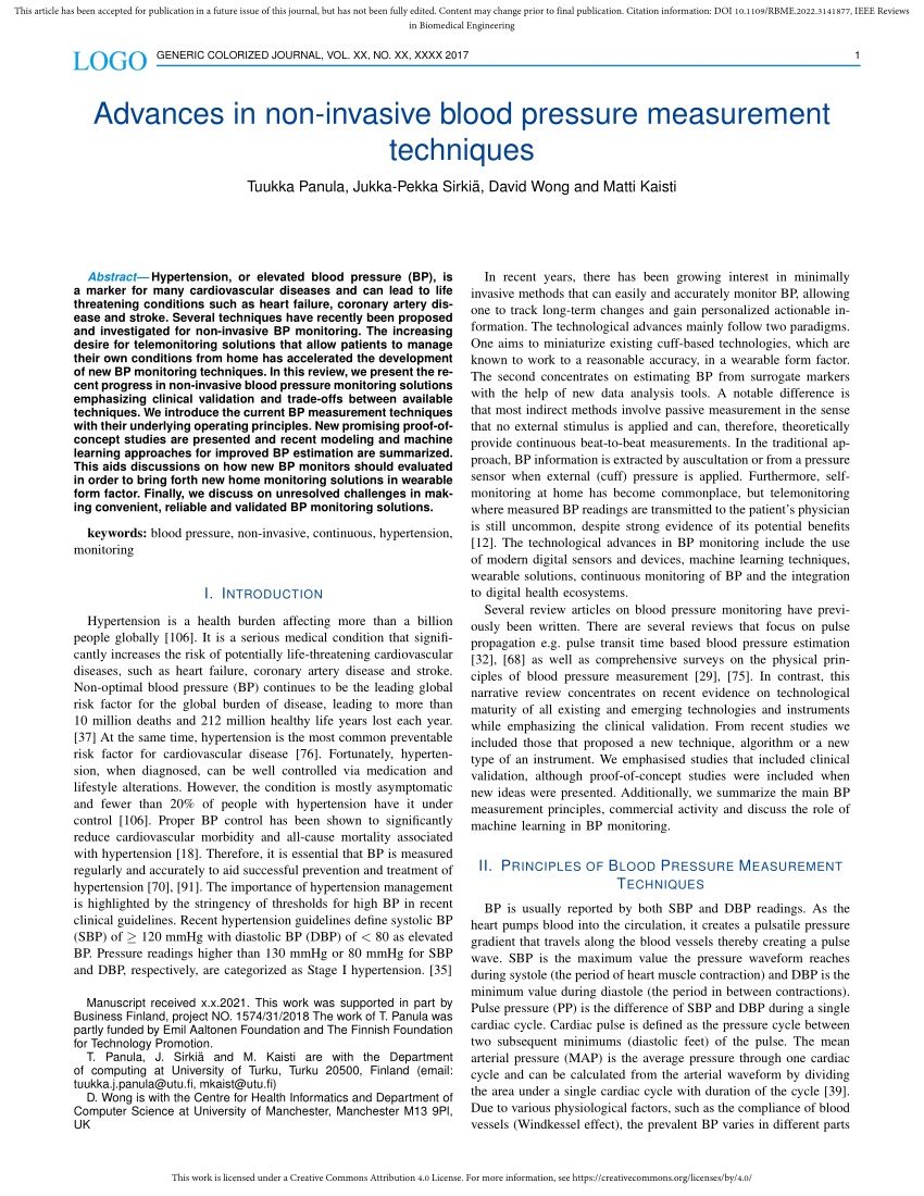 PDF] Continuous Non-Invasive Blood Pressure Monitoring: A Methodological  Review on Measurement Techniques