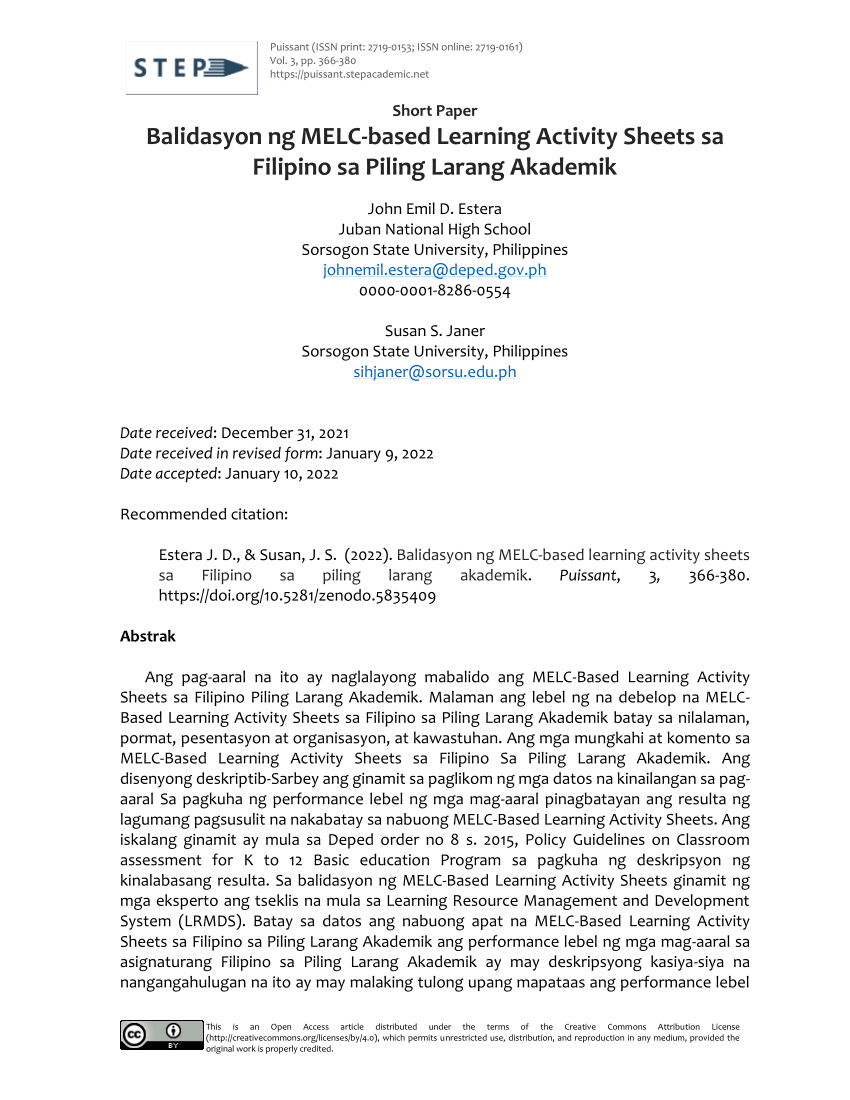 Pdf Balidasyon Ng Melc Based Learning Activity Sheets Sa Filipino Sa Piling Larang Akademik 4613