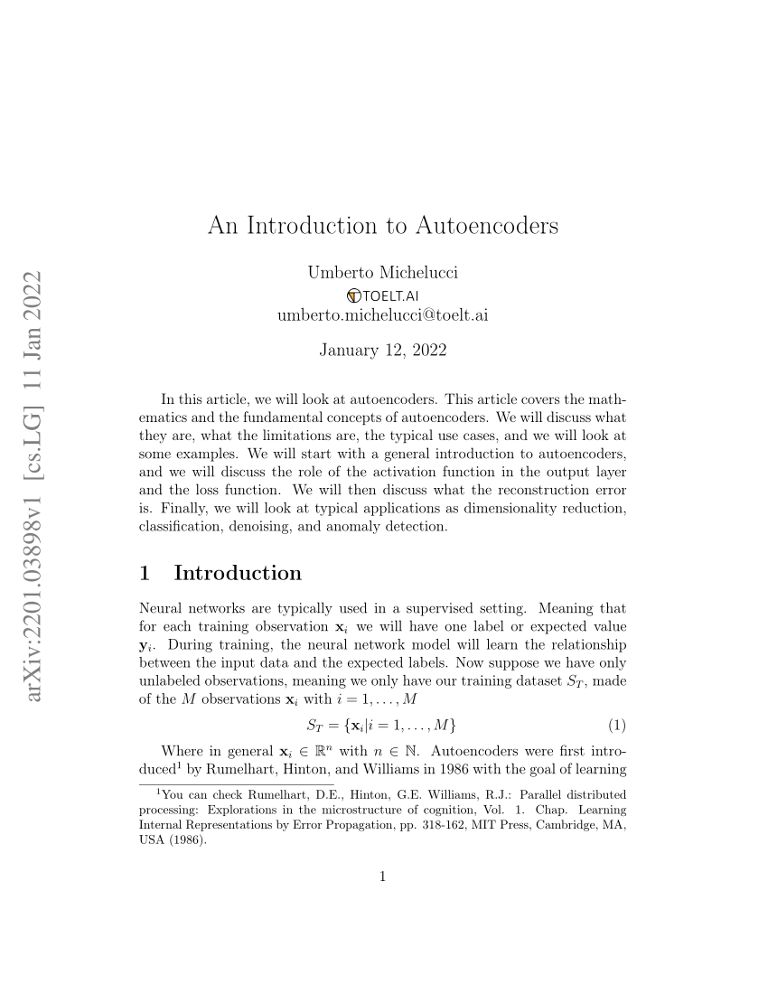 Pdf An Introduction To Autoencoders