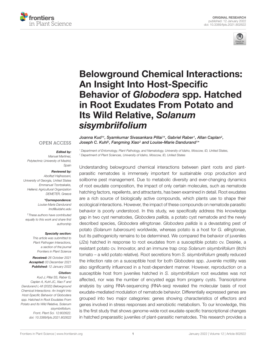 Frontiers  Belowground Chemical Interactions: An Insight Into  Host-Specific Behavior of Globodera spp. Hatched in Root Exudates From  Potato and Its Wild Relative, Solanum sisymbriifolium