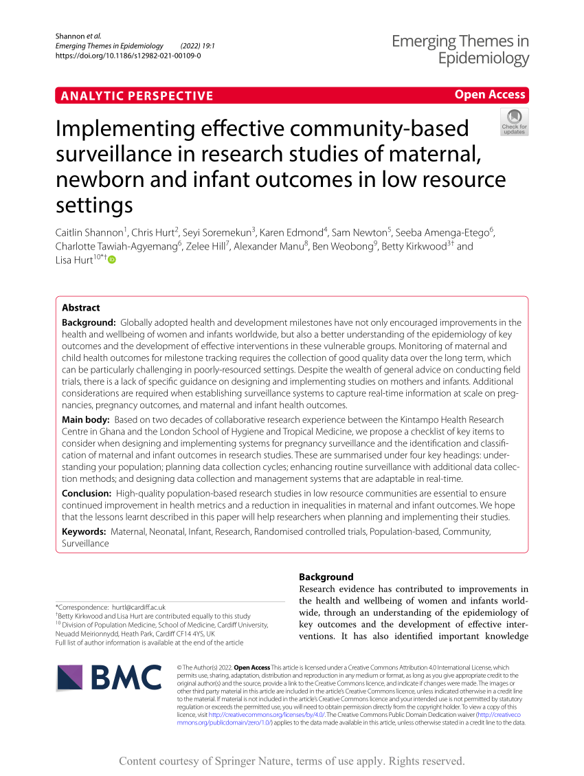 PDF) Implementing effective community-based surveillance in research  studies of maternal, newborn and infant outcomes in low resource settings
