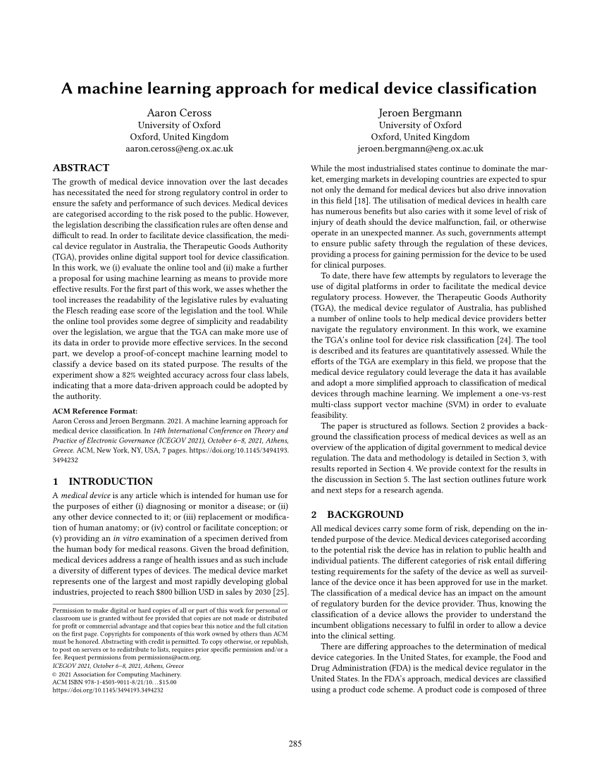 (PDF) A machine learning approach for medical device classification