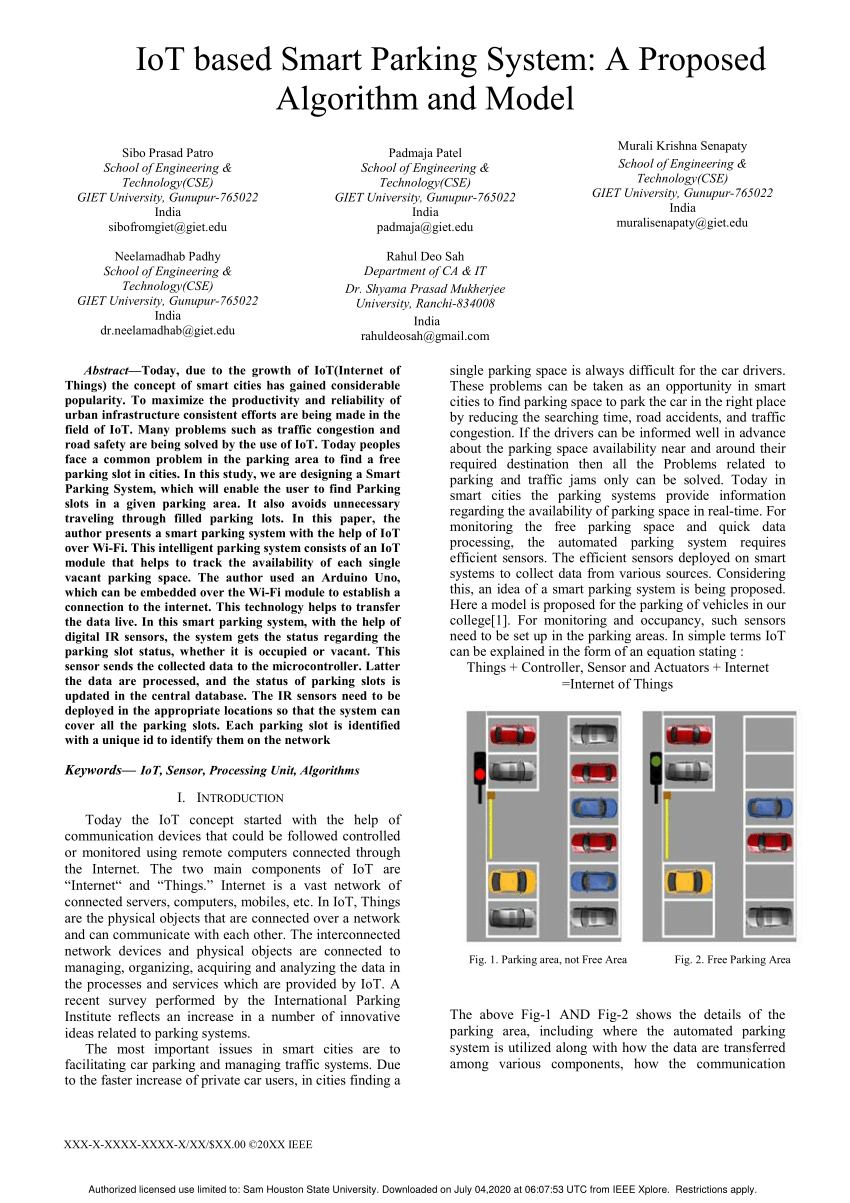 PDF) XXX-X-XXXX-XXXX-XXX$XX.00 ©20XX IEEE IoT based Smart Parking System:  A Proposed Algorithm and Model