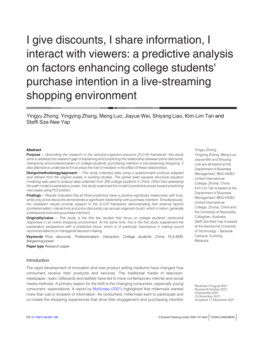 PDF) I give discounts, I share information, I interact with viewers a predictive analysis on factors enhancing college students purchase intention in a live-streaming shopping environment