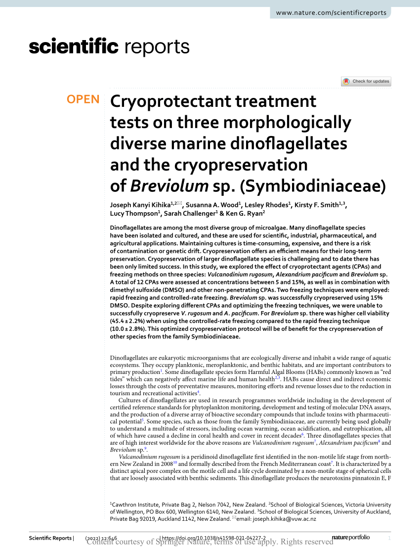 PDF) Cryoprotectant treatment tests on three morphologically diverse marine  dinoflagellates and the cryopreservation of Breviolum sp. (Symbiodiniaceae)
