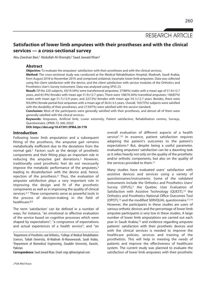 PDF) Satisfaction of lower limb amputees with their prostheses and with the  clinical services — a cross-sectional survey