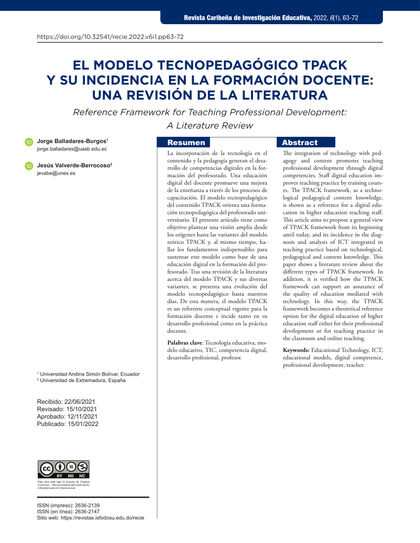 PDF) El modelo tecnopedagógico TPACK y su incidencia en la formación  docente: una revisión de la literatura