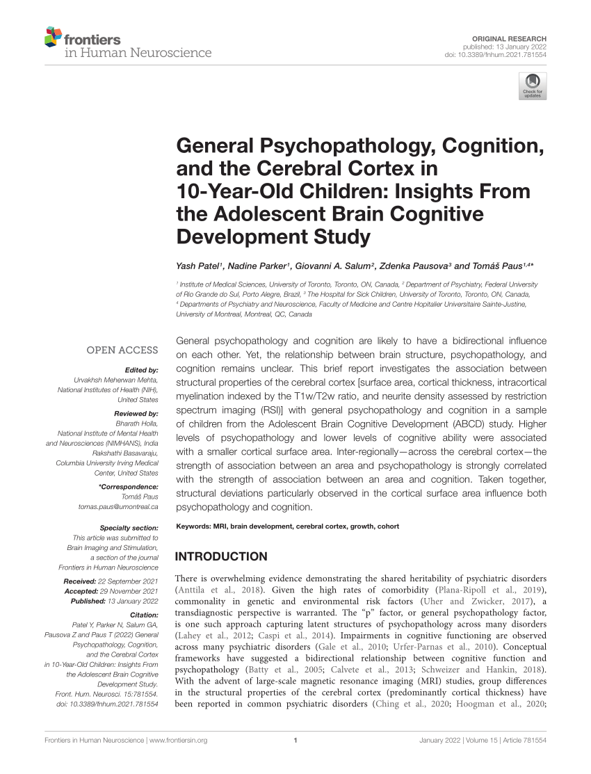 (PDF) General Psychopathology, Cognition, and the Cerebral Cortex in 10 ...