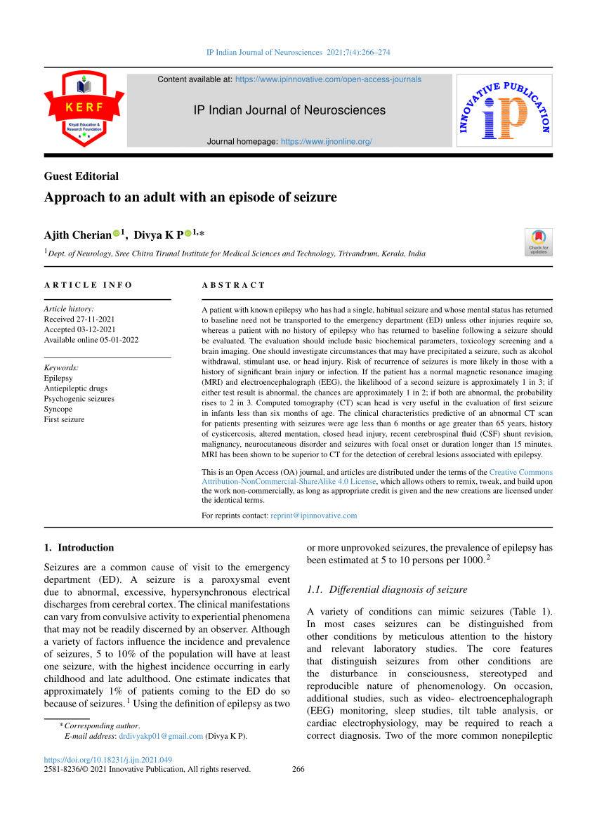 PDF) Approach to an adult with an episode of seizure