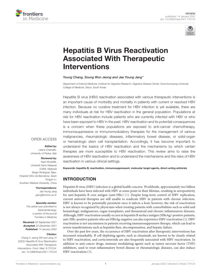 PDF Hepatitis B Virus Reactivation Associated With Therapeutic