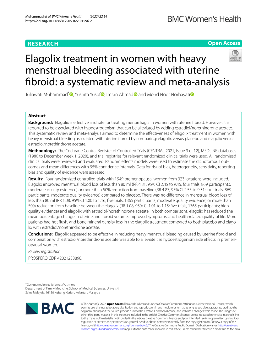 Pdf Elagolix Treatment In Women With Heavy Menstrual Bleeding Associated With Uterine Fibroid