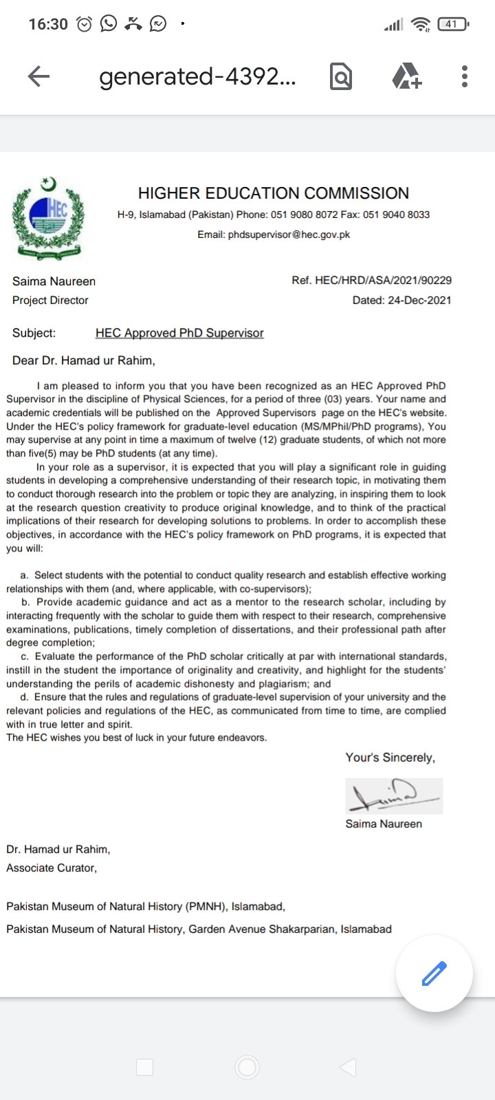 phd approved supervisor hec