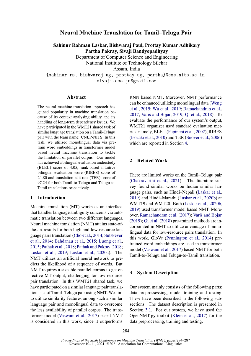 (PDF) Neural Machine Translation for Tamil-Telugu Pair