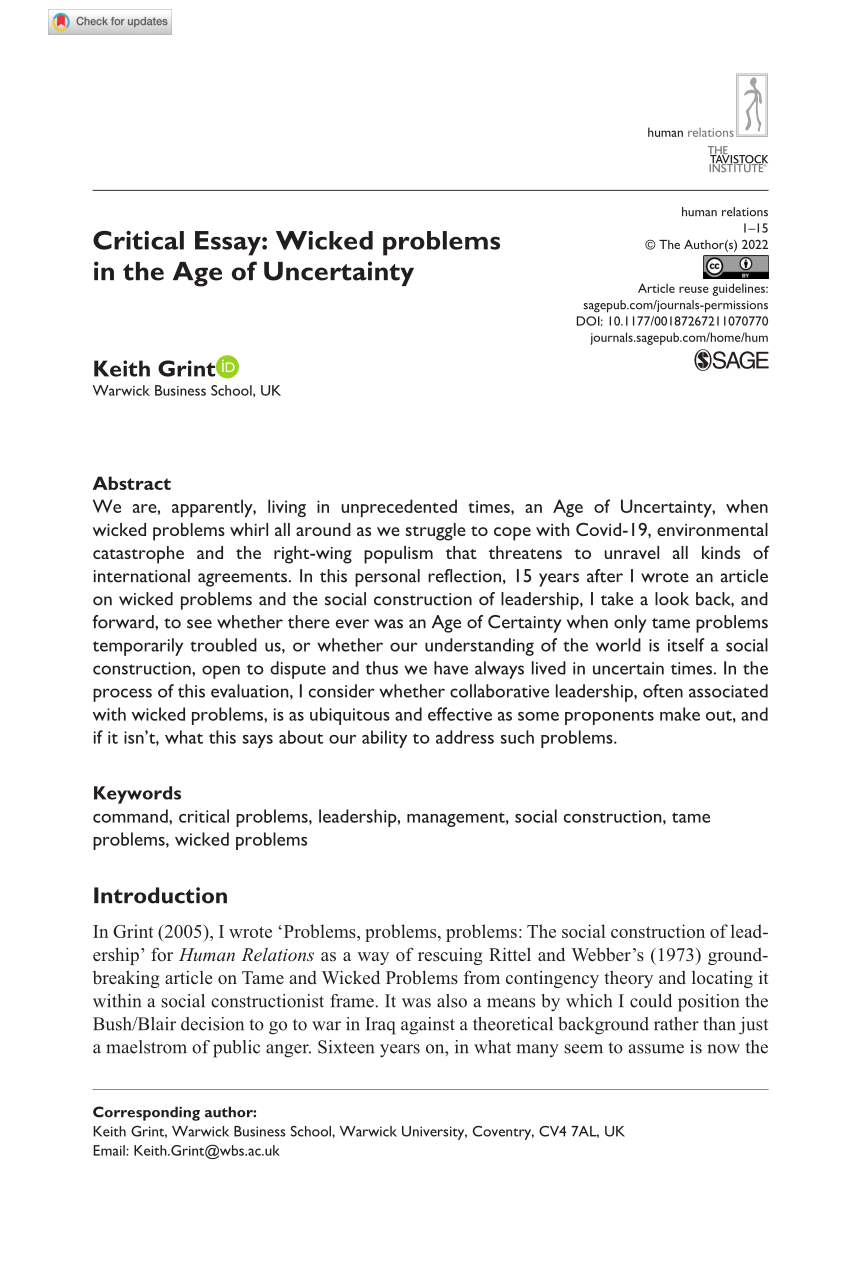 critical essay wicked problems in the age of uncertainty