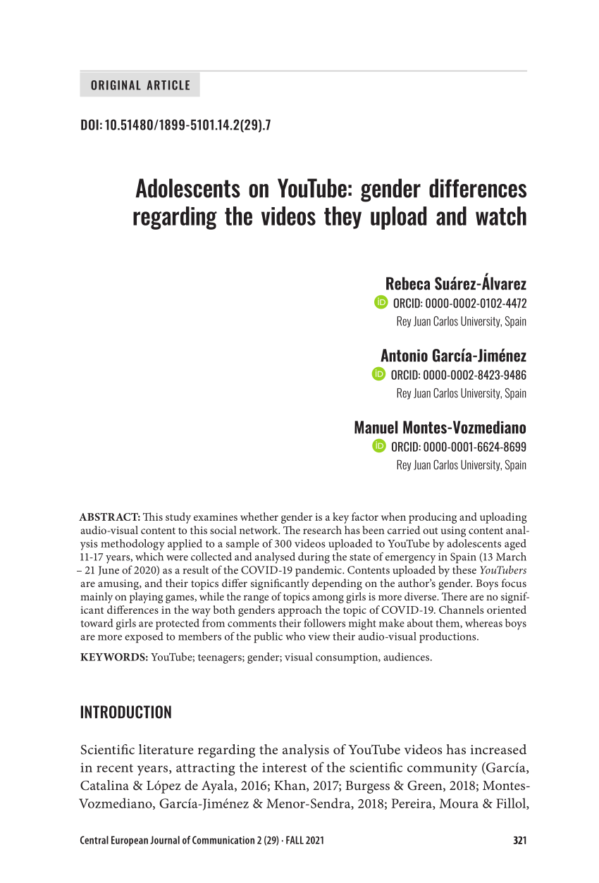 PDF) Adolescents on YouTube Gender Differences Regarding the Videos They Upload and Watch