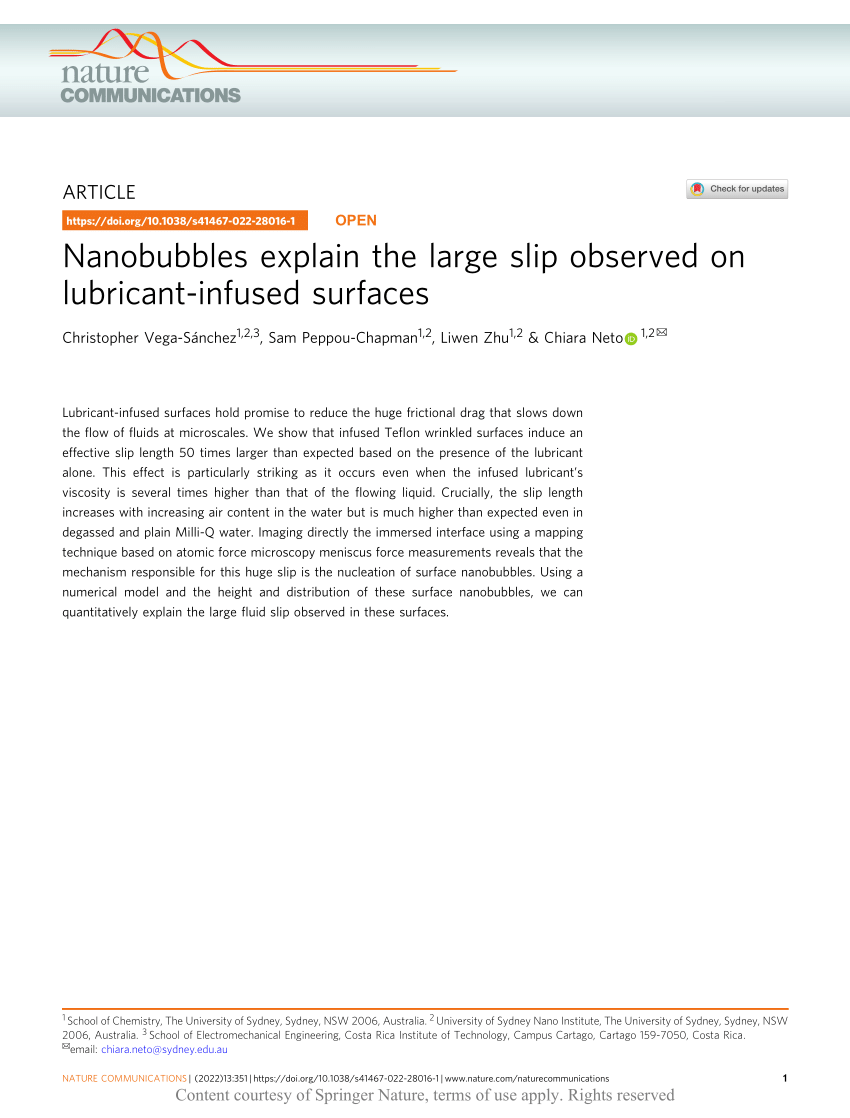 PDF) Nanobubbles explain the large slip observed on lubricant 