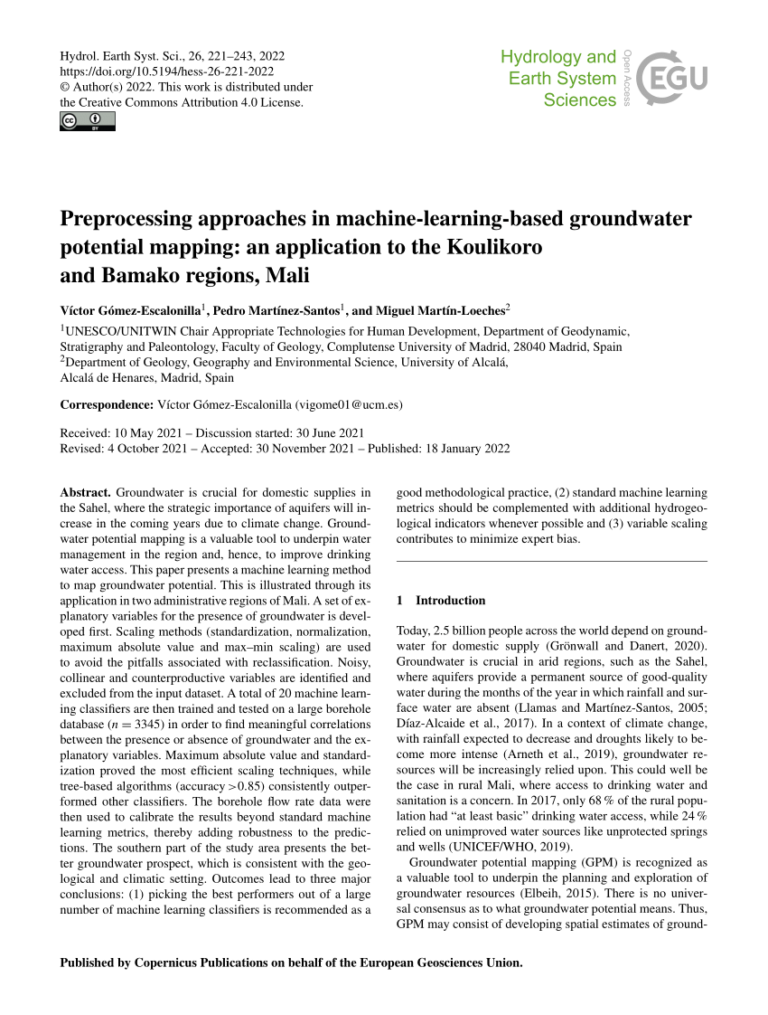 HESS - Preprocessing approaches in machine-learning-based groundwater  potential mapping: an application to the Koulikoro and Bamako regions, Mali