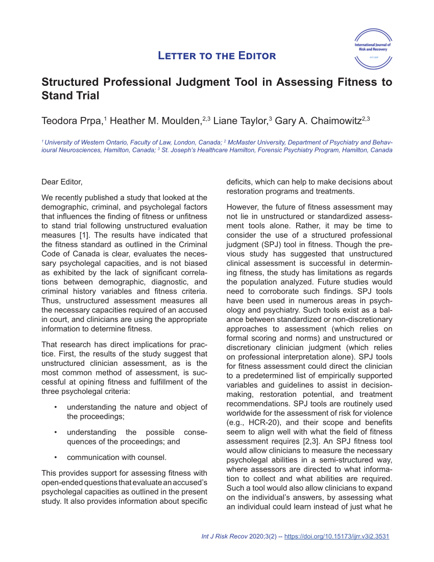 PDF) Structured professional judgment tool in assessing fitness to stand  trial