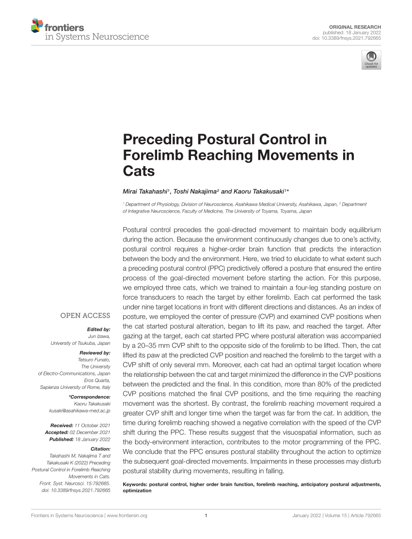 PDF) Preceding Postural Control in Forelimb Reaching Movements in Cats