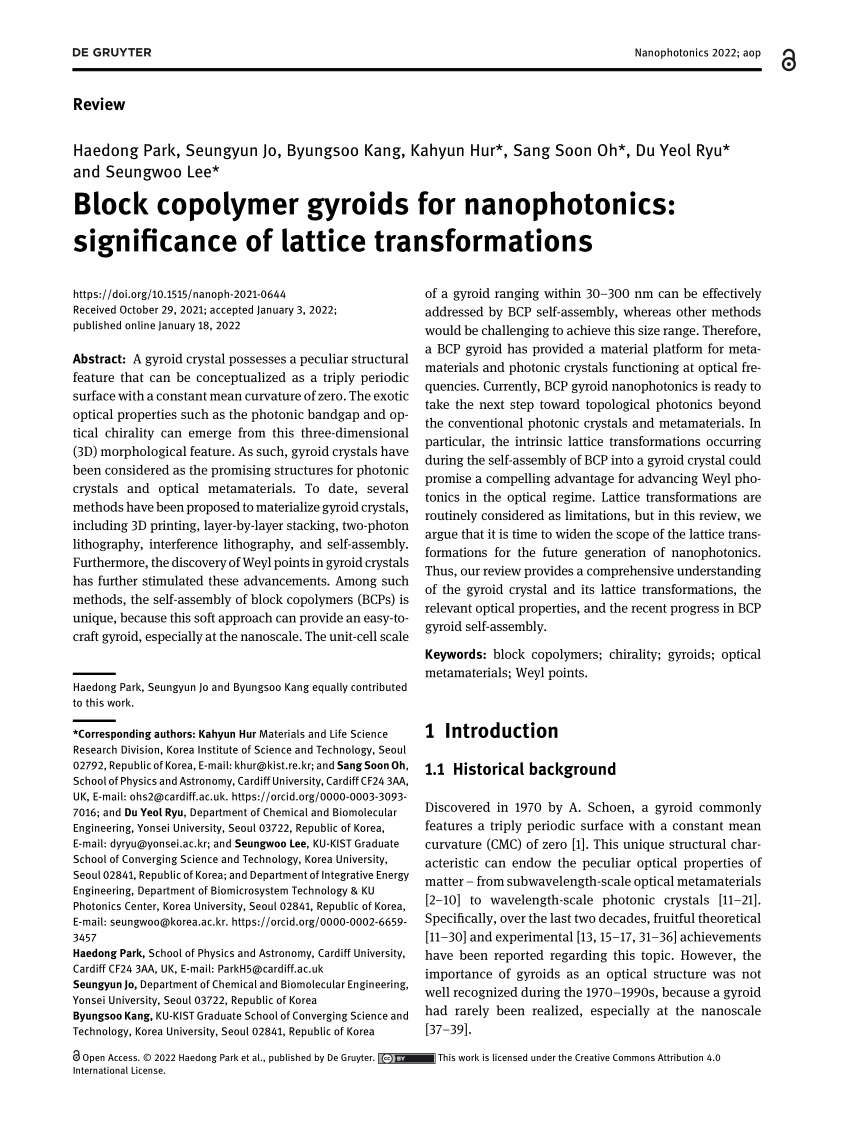 PDF) Block copolymer gyroids for nanophotonics: significance of 