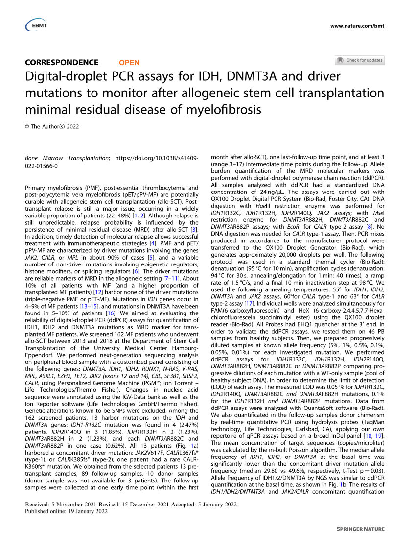 Pdf Digital Droplet Pcr Assays For Idh Dnmt3a And Driver Mutations To Monitor After