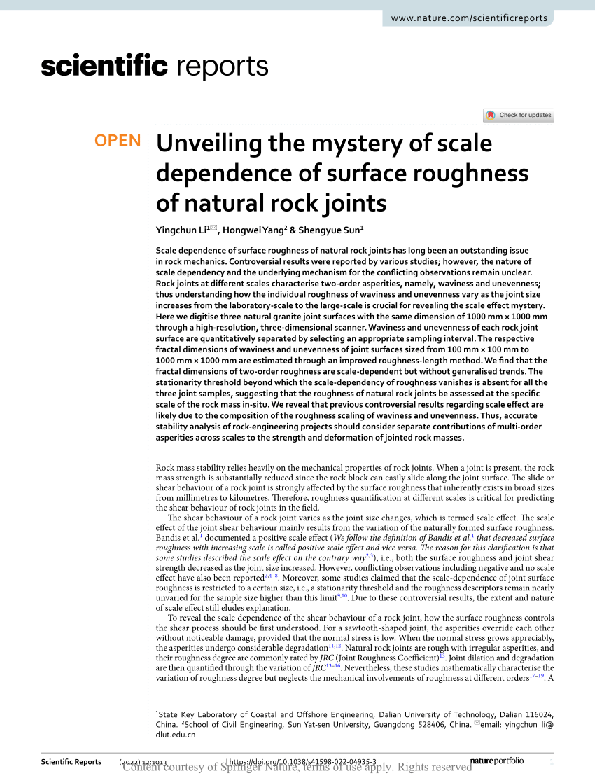 (PDF) Unveiling the mystery of scale dependence of surface roughness of natural rock joints