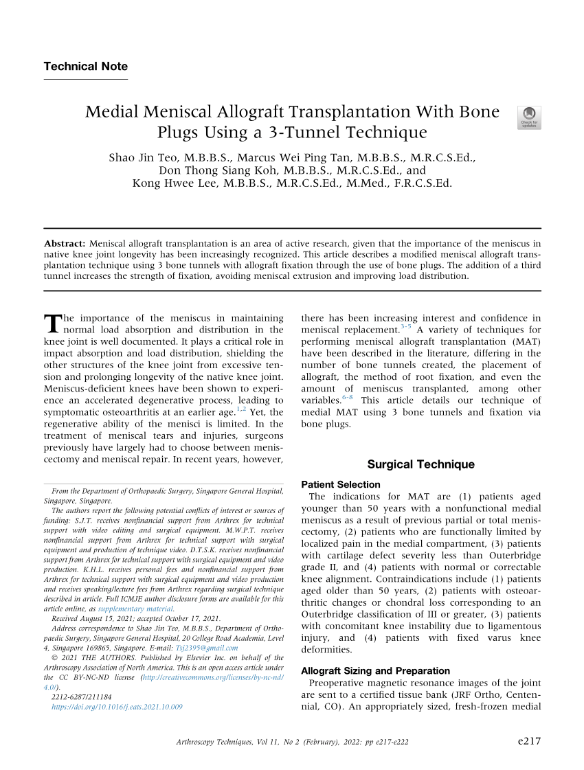 (PDF) Medial Meniscal Allograft Transplantation With Bone Plugs Using a ...