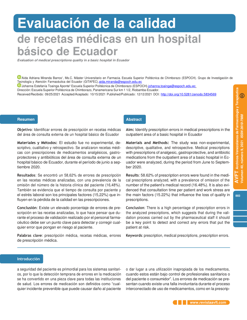 PDF) Evaluación de la calidad de recetas médicas en un hospital básico de  Ecuador