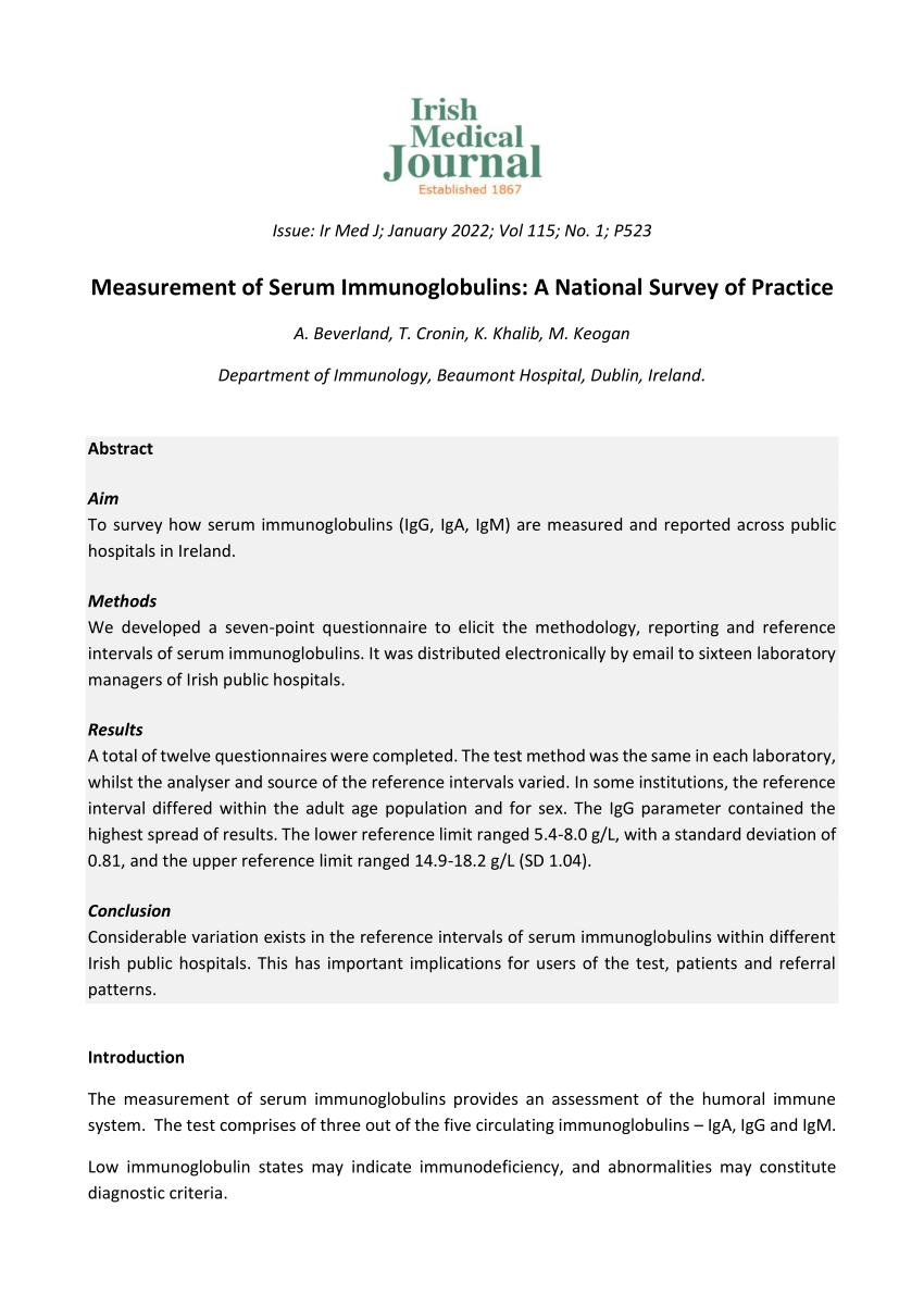 PDF Measurement of Serum Immunoglobulins A National Survey of