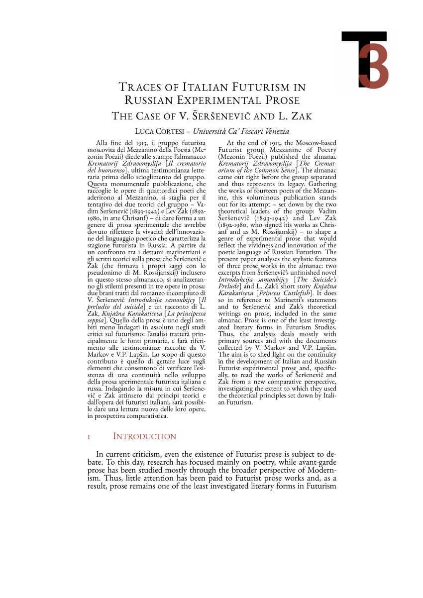 PDF) Traces of Italian Futurism in Russian Experimental Prose. The Case of  V. Šeršenevič and L. Zak