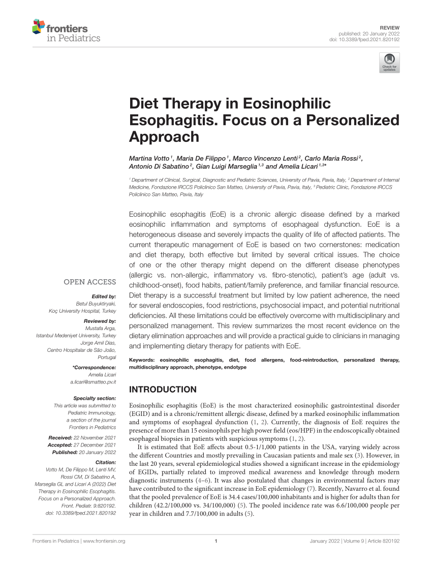 Pdf Diet Therapy In Eosinophilic Esophagitis Focus On A Personalized Approach 8841