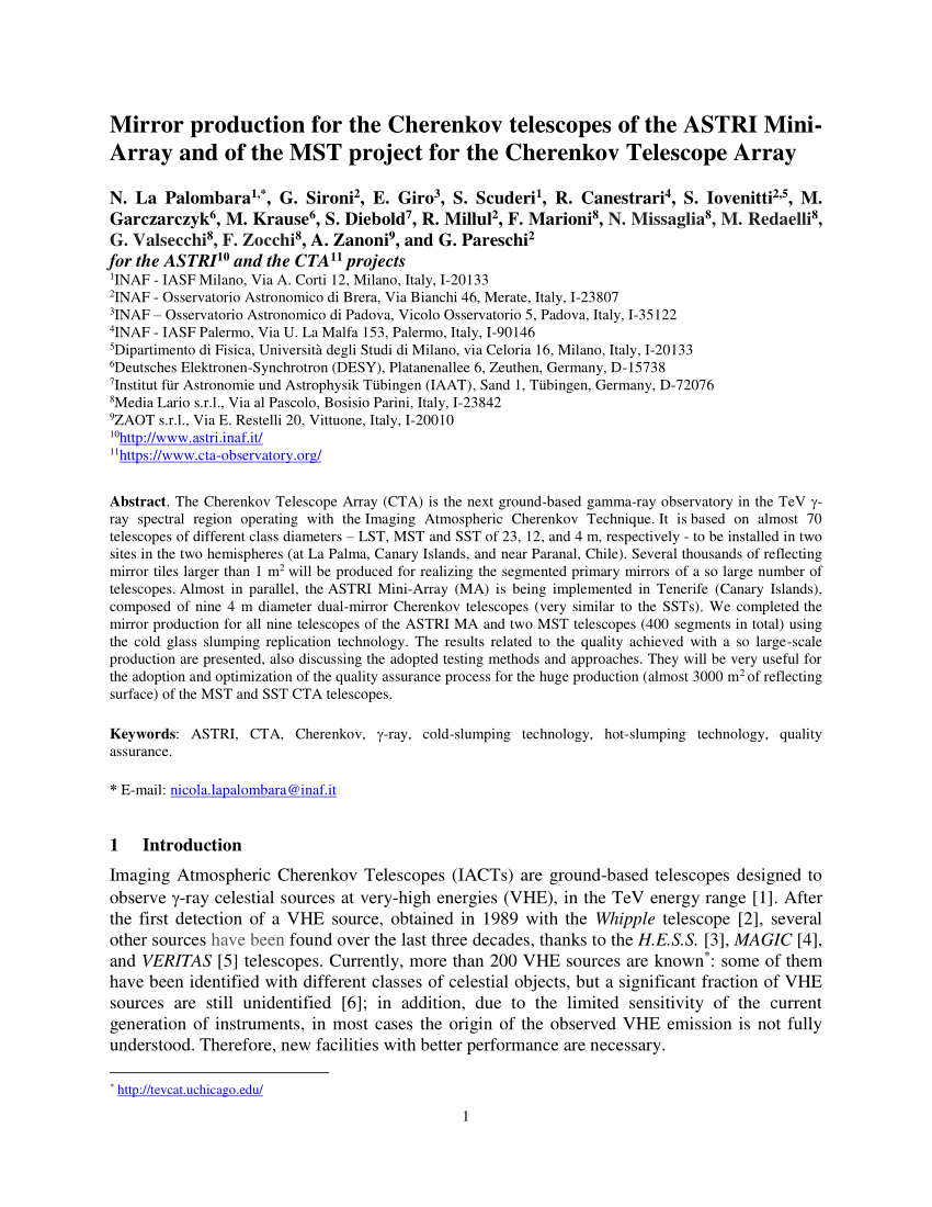PDF) Mirror production for the Cherenkov telescopes of the ASTRI Mini-Array  and of the MST project for the Cherenkov Telescope Array