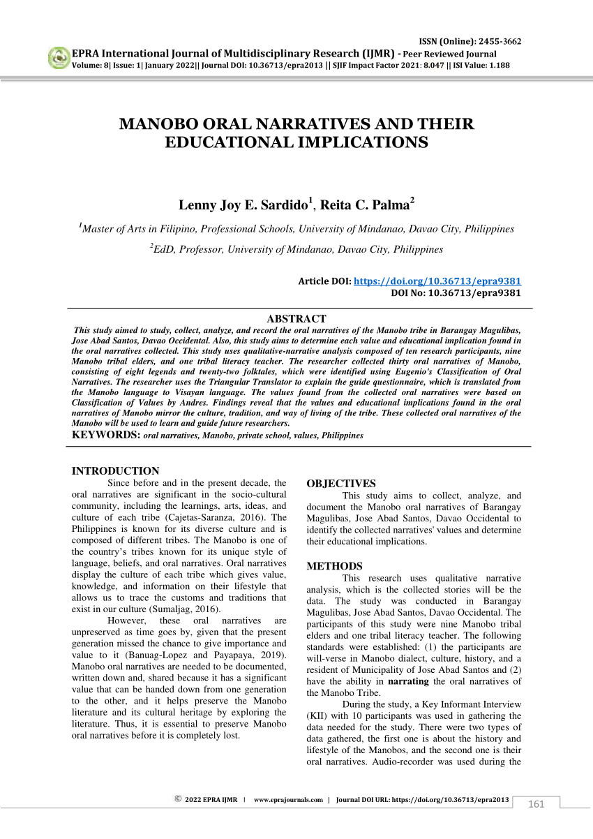 Pdf Manobo Oral Narratives And Their Educational Implications 8057