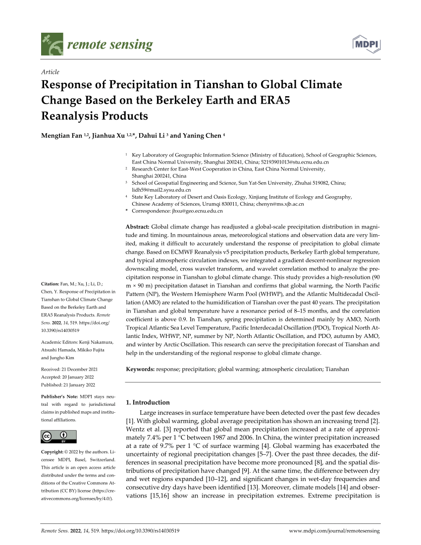 PDF) Response of Precipitation in Tianshan to Global Climate 