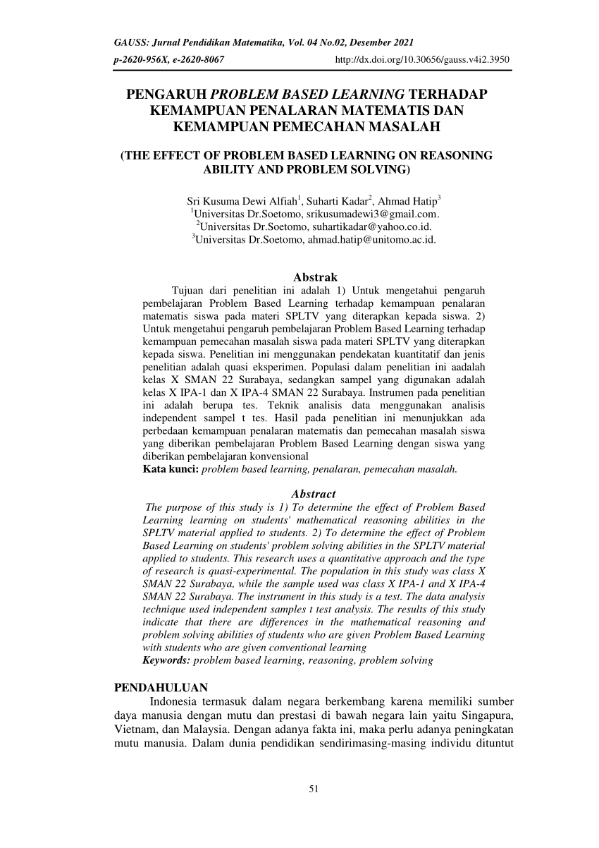 Pdf Pengaruh Problem Based Solving Terhadap Kemampuan Penalaran Matematis Dan Kemampuan 