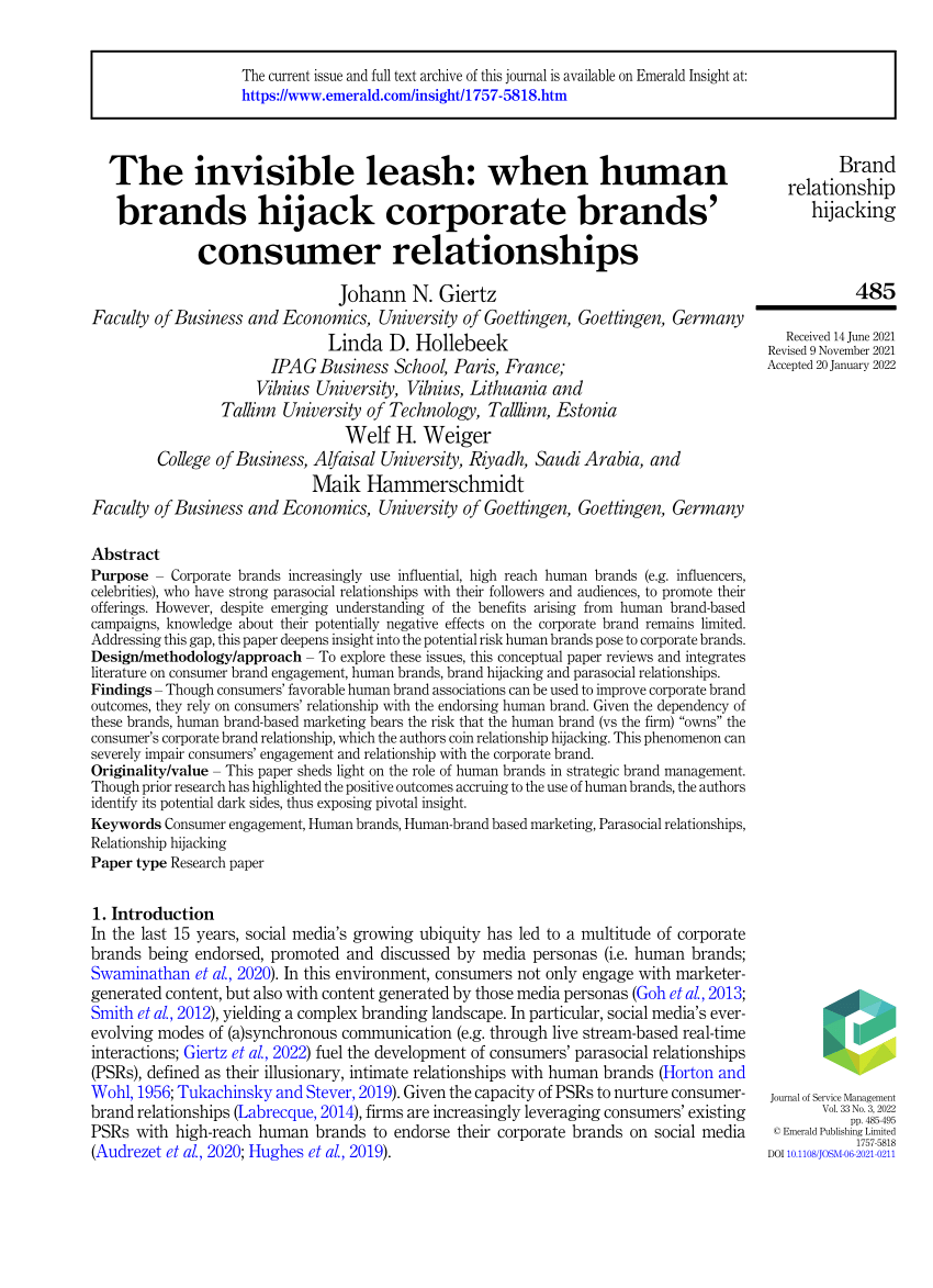 Pdf The Invisible Leash When Human Brands Hijack Corporate Brands Consumer Relationships