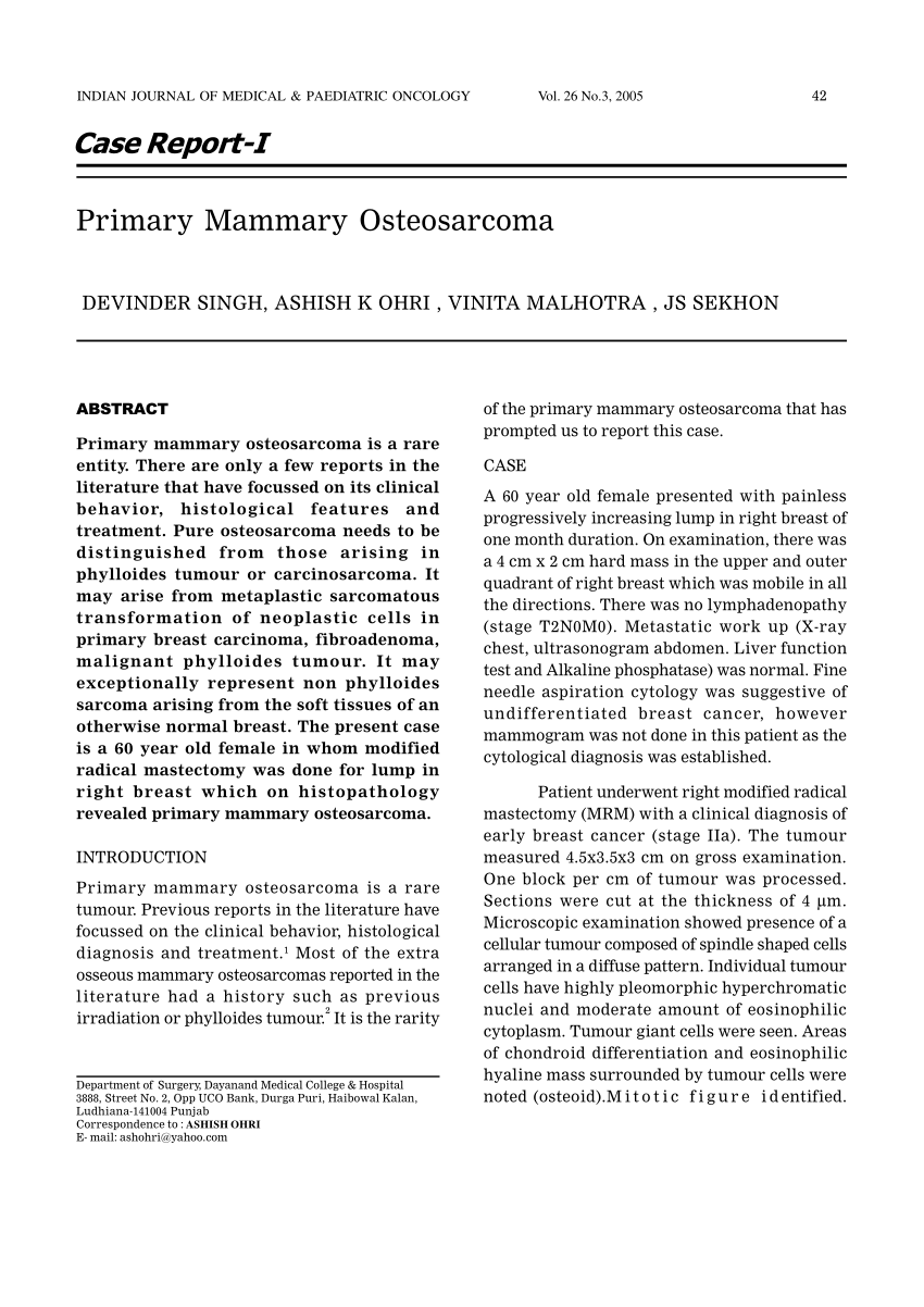 (PDF) Primary Mammary Osteosarcoma