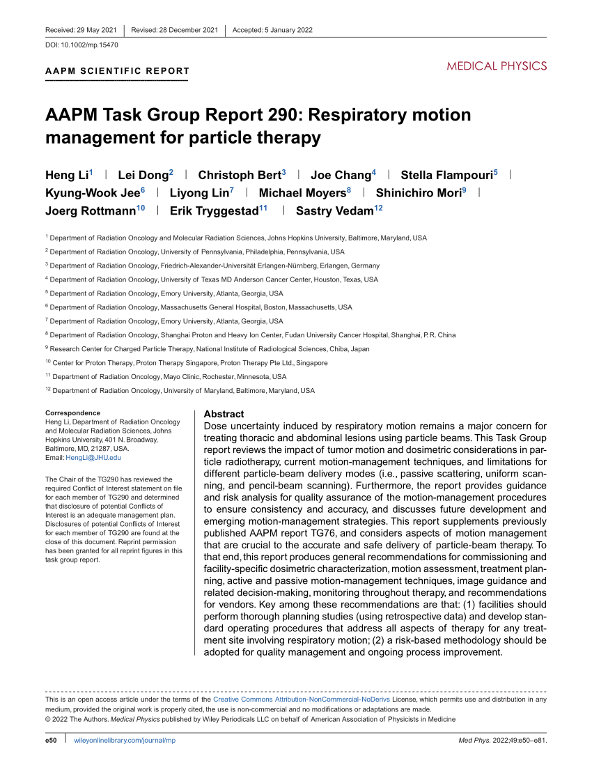 (PDF) Report of AAPM Task Group 290 Respiratory motion management for