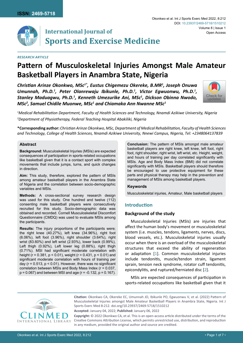 PDF) Pattern of Musculoskeletal Injuries amongst Male Amateur Basketball Players in Anambra State, Nigeria