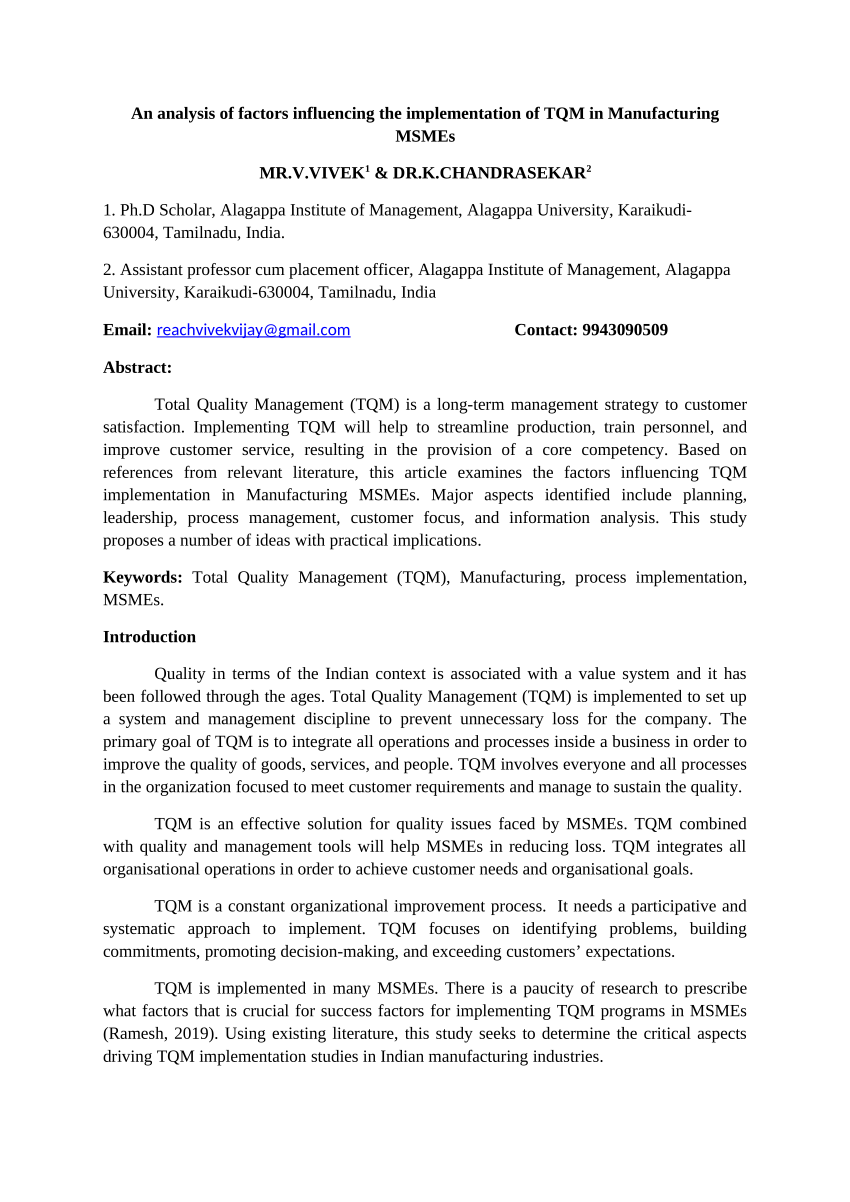 case study of tqm implementation in manufacturing