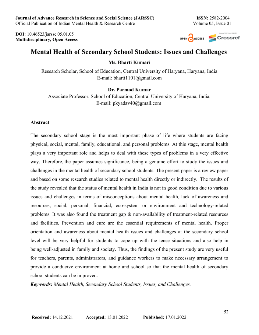 research paper on mental health of students in india