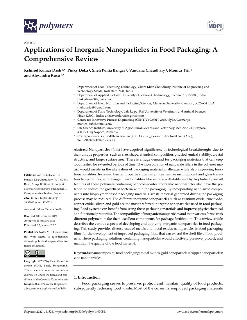 PDF) Applications of Inorganic Nanoparticles in Food Packaging: A  Comprehensive Review