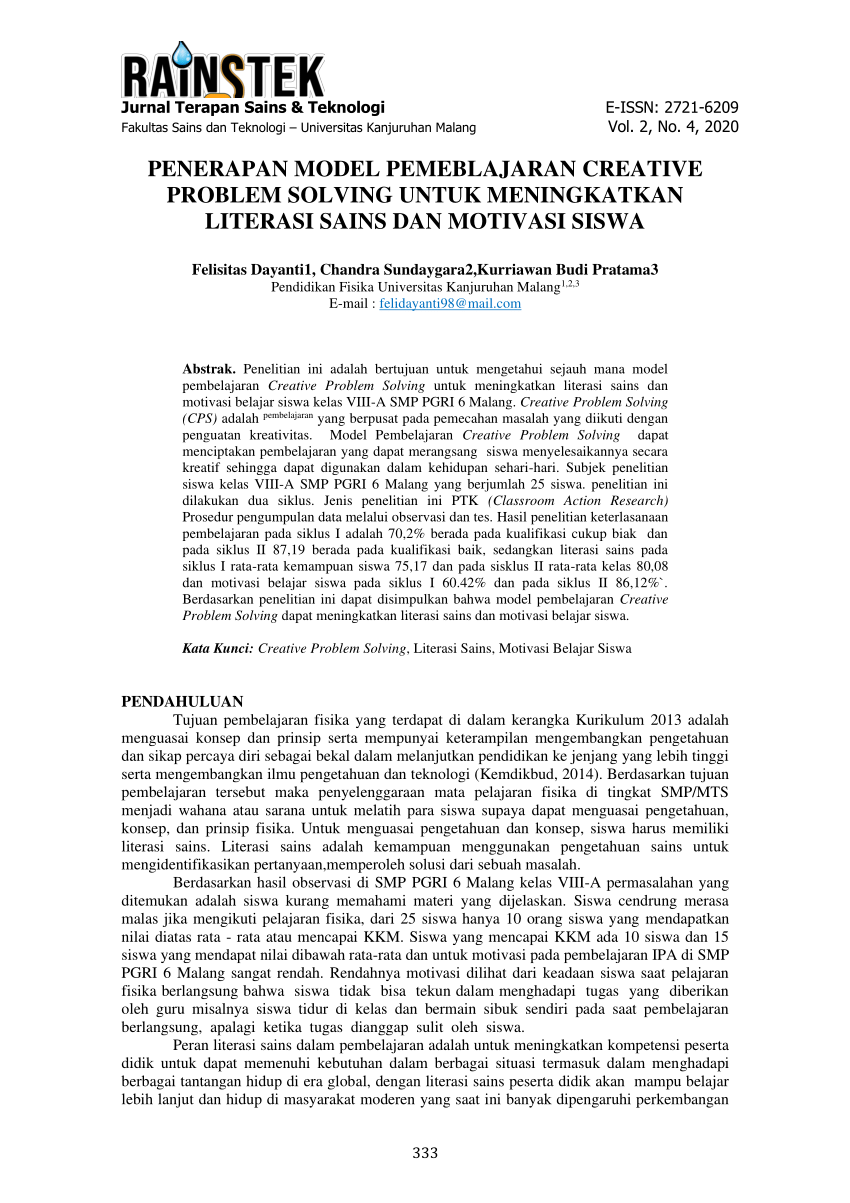 model pembelajaran creative problem solving pdf