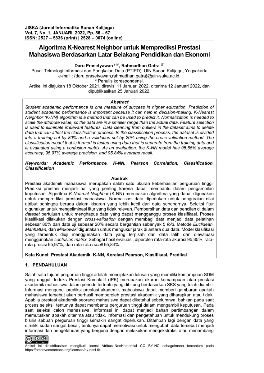 Pdf Algoritma K Nearest Neighbor Untuk Memprediksi Prestasi Mahasiswa Berdasarkan Latar 3134