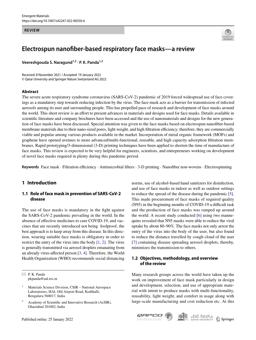 PDF) Electrospun nanofiber-based respiratory face masks—a review