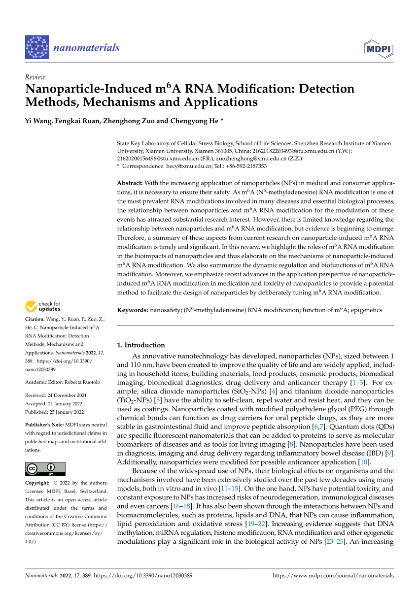 PDF) Nanoparticle-Induced m6A RNA Modification: Detection Methods,  Mechanisms and Applications