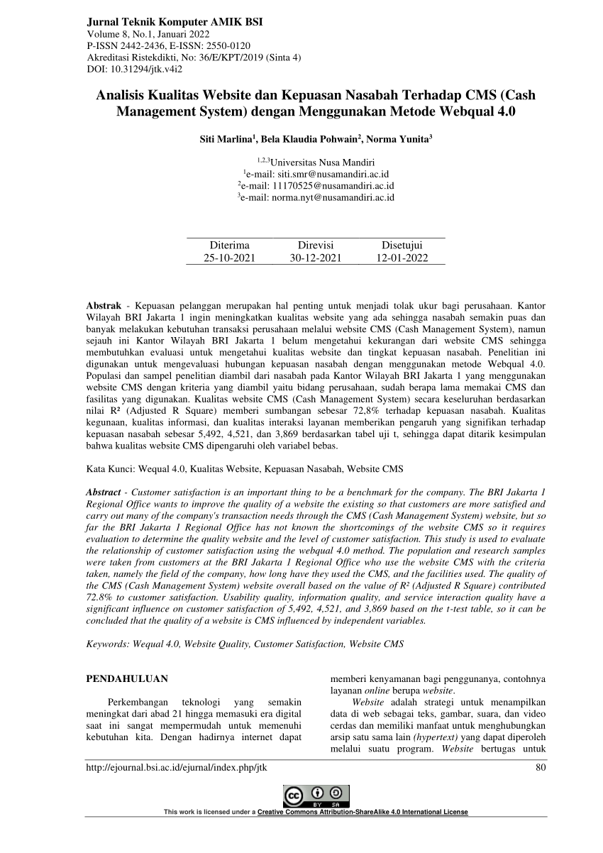 Pdf Analisis Kualitas Website Dan Kepuasan Nasabah Terhadap Cms Cash Management System 0804