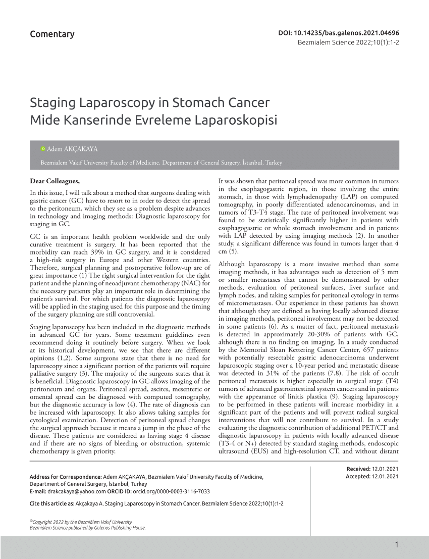 PDF) Staging Laparoscopy in Stomach Cancer