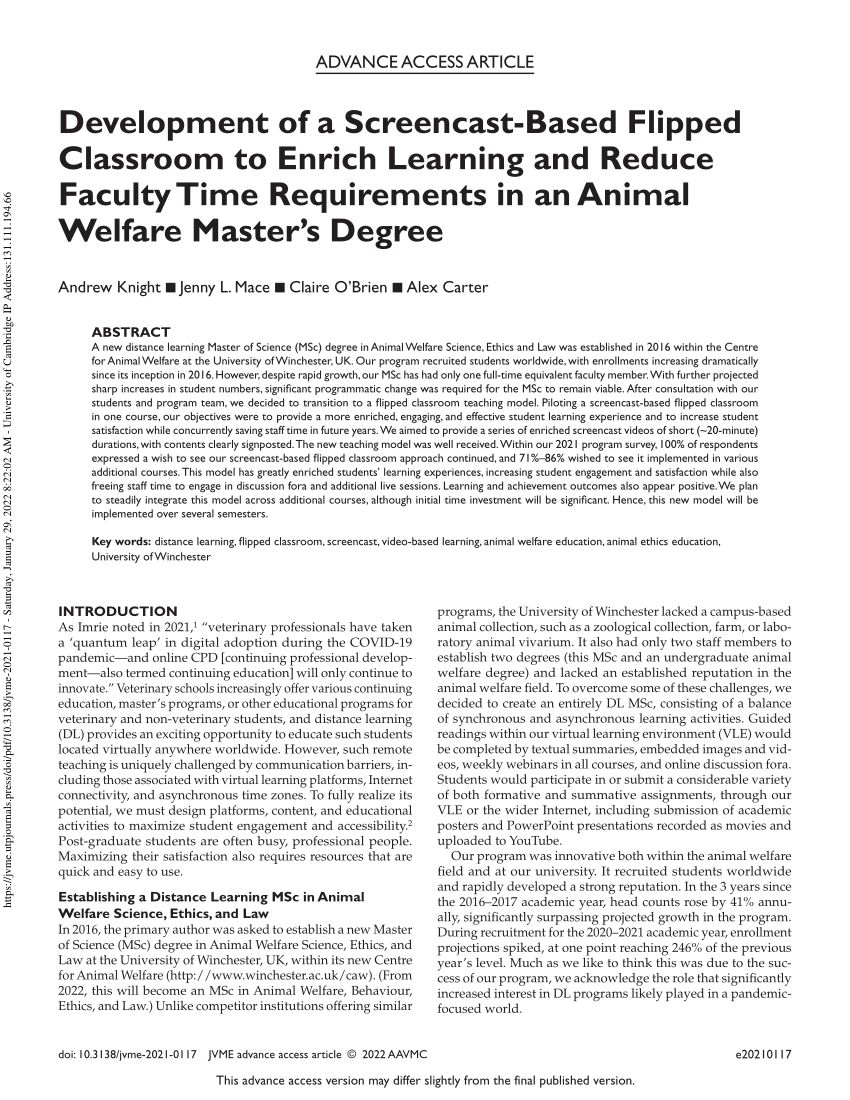 PDF) Development of a Screencast-Based Flipped Classroom to Enrich Learning  and Reduce Faculty Time Requirements in an Animal Welfare Master's Degree